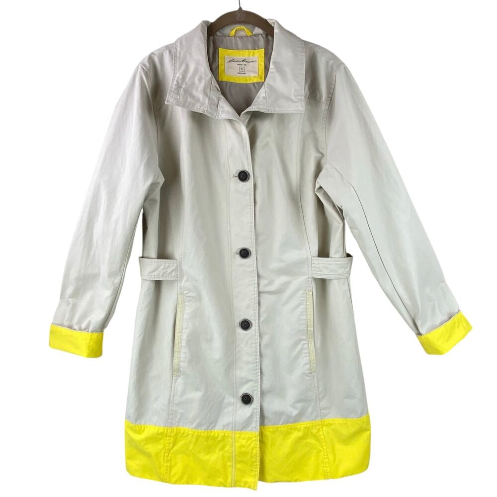 Eddie Bauer Trench Coat Size L Tall Tan Yellow Rain Classic - Picture 1 of 9